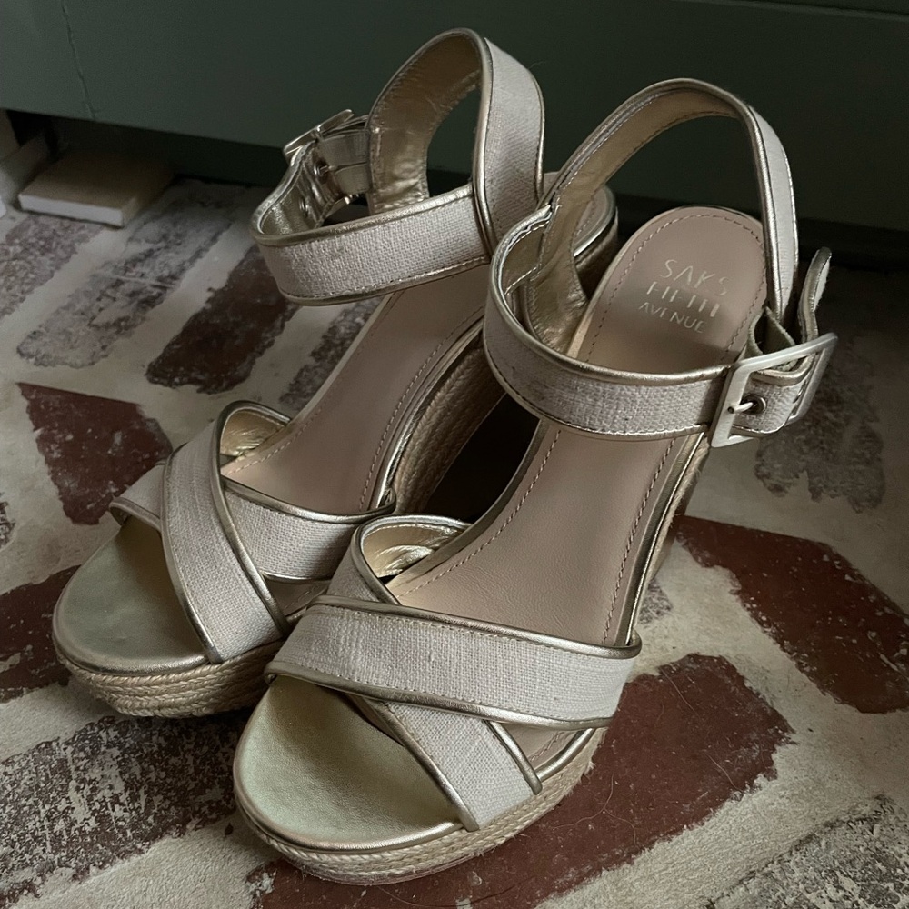 Saks Fifth Avenue Metallic Champagne Wedge Sandals with Ankle Strap